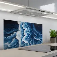 KitchenYeah Spatscherm 100x50 cm - Zelfklevende achterwand Golven - Blauw - Schuim - Keuken muurbeschermer - Spatwand fornuis