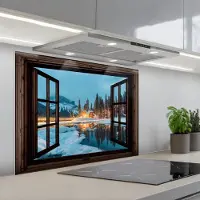 KitchenYeah Spatscherm 80x60 cm - Zelfklevende achterwand Doorkijk - Winter - Landschap - Natuur - Huis - Bergen - Keuken muurbeschermer - Spatwand fornuis