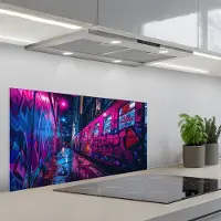 KitchenYeah Spatscherm 90x45 cm - Zelfklevende achterwand Stad - Neon - Nacht - Roze - Graffiti - Keuken muurbeschermer - Spatwand fornuis
