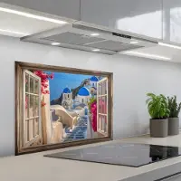 KitchenYeah Spatscherm 70x55 cm - Zelfklevende achterwand Doorkijk - Santorini - Landschap - Blauw - Grieks - Keuken muurbeschermer - Spatwand fornuis