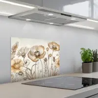 KitchenYeah Spatscherm 60x45 cm - Zelfklevende achterwand Bloemen - Beige - Natuur - Illustratie - Keuken muurbeschermer - Spatwand fornuis