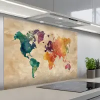 KitchenYeah Spatscherm 120x80 cm - Zelfklevende achterwand Wereldkaart - Regenboog aquarel - Papierstructuur - Keuken muurbeschermer - Spatwand fornuis