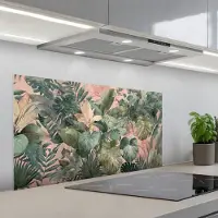 KitchenYeah Spatscherm 100x50 cm - Zelfklevende achterwand Compositie van bladeren - Groen - Roze - Keuken muurbeschermer - Spatwand fornuis