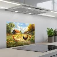 KitchenYeah Spatscherm 60x45 cm - Zelfklevende achterwand Kippen - Landelijke rust - Natuur - Keuken muurbeschermer - Spatwand fornuis