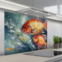 KitchenYeah Spatscherm 100x75 cm - Zelfklevende achterwand Vissen - Water - Dieren - Kunst - Olieverf - Keuken muurbeschermer - Spatwand fornuis