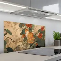 KitchenYeah Spatscherm 100x50 cm - Zelfklevende achterwand Kat - Sierlijk - Bloemen - Keuken muurbeschermer - Spatwand fornuis