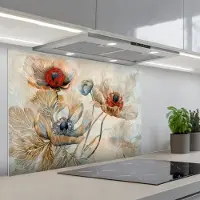KitchenYeah Spatscherm 80x55 cm - Zelfklevende achterwand Bloemen - Beige - Modern - Illustratie - Keuken muurbeschermer - Spatwand fornuis