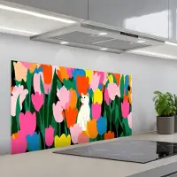 KitchenYeah Spatscherm 100x50 cm - Zelfklevende achterwand Tulpen - Kat - Kleurrijk - Keuken muurbeschermer - Spatwand fornuis