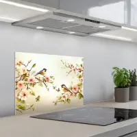 KitchenYeah Spatscherm 60x45 cm - Zelfklevende achterwand Takken - Bloemen - Vogeltjes - Roze - Keuken muurbeschermer - Spatwand fornuis