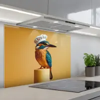 KitchenYeah Spatscherm 90x60 cm - Zelfklevende achterwand Ijsvogel - Pilaar - Koksmuts - Vogel - Keuken muurbeschermer - Spatwand fornuis