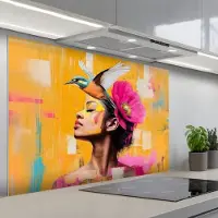 KitchenYeah Spatscherm 120x80 cm - Zelfklevende achterwand Vogel - Vrouw - Abstract - Bloem - Keuken muurbeschermer - Spatwand fornuis