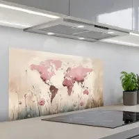 KitchenYeah Spatscherm 100x50 cm - Zelfklevende achterwand Wereldkaart - Roze - Bloemen - Keuken muurbeschermer - Spatwand fornuis