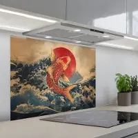 KitchenYeah Spatscherm 80x60 cm - Zelfklevende achterwand Koi - Zee - Golven - Zon - Keuken muurbeschermer - Spatwand fornuis