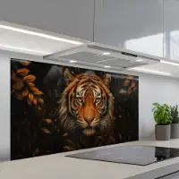 KitchenYeah Spatscherm 120x60 cm - Zelfklevende achterwand Bladeren - Tijger - Oranje - Keuken muurbeschermer - Spatwand fornuis