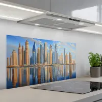 KitchenYeah Spatscherm 100x50 cm - Zelfklevende achterwand Skyline - Wolkenkrabbers - Water - Blauw - Keuken muurbeschermer - Spatwand fornuis