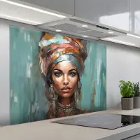 KitchenYeah Spatscherm 100x75 cm - Zelfklevende achterwand Vrouw - Kunst - Sieraden - Portret - Keuken muurbeschermer - Spatwand fornuis