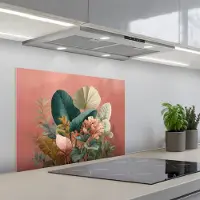 KitchenYeah Spatscherm 70x50 cm - Zelfklevende achterwand Tropische bladeren - Bloemen - Roze - groen - Keuken muurbeschermer - Spatwand fornuis