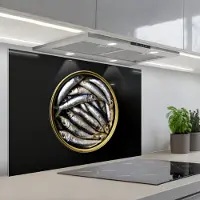 KitchenYeah Spatscherm 90x60 cm - Zelfklevende achterwand Sardines - Vissen - Rond - Zwart - Keuken muurbeschermer - Spatwand fornuis