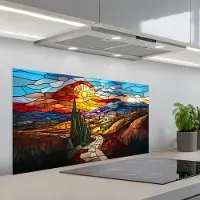 KitchenYeah Spatscherm 100x50 cm - Zelfklevende achterwand Mozaïek - Zon - Landschap - Dorp - Keuken muurbeschermer - Spatwand fornuis