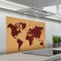 KitchenYeah Spatscherm 100x65 cm - Zelfklevende achterwand Wereldkaart - Roodbruin silhouet - Sterk kleurcontrast - Keuken muurbeschermer - Spatwand fornuis