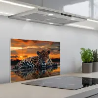 KitchenYeah Spatscherm 60x40 cm - Zelfklevende achterwand Natuur - Luipaard - Dier - Zonsondergang - Modern - Keuken muurbeschermer - Spatwand fornuis