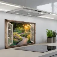 KitchenYeah Spatscherm 70x55 cm - Zelfklevende achterwand Doorkijk - Bloemen - Natuur - Zon - Pad - Keuken muurbeschermer - Spatwand fornuis