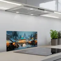 KitchenYeah Spatscherm 60x30 cm - Zelfklevende achterwand Winterkermis - Dorp - Kleurrijk - Keuken muurbeschermer - Spatwand fornuis