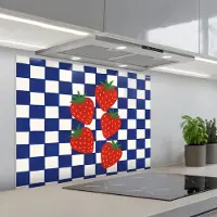 KitchenYeah Spatscherm 80x60 cm - Zelfklevende achterwand Geblokt - Blauw - Aardbeien - Keuken muurbeschermer - Spatwand fornuis