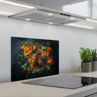 KitchenYeah Spatscherm 60x45 cm - Zelfklevende achterwand Wereldkaart - Kruiden - Levendige kleuren - Keuken muurbeschermer - Spatwand fornuis