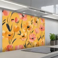 KitchenYeah Spatscherm 120x80 cm - Zelfklevende achterwand Bloemen - Geschilderd - Geel - Keuken muurbeschermer - Spatwand fornuis
