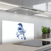 KitchenYeah Spatscherm 80x40 cm - Zelfklevende achterwand Vogel - Delfts blauw - Illustratie - Bloemen - Keuken muurbeschermer - Spatwand fornuis