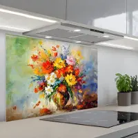 KitchenYeah Spatscherm 90x60 cm - Zelfklevende achterwand Bloemen - Kleurrijk - Olieverf - Bloempot - Keuken muurbeschermer - Spatwand fornuis