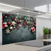 KitchenYeah Spatscherm 90x60 cm - Zelfklevende achterwand Kerstomlijsting - Hulst - Kleurrijk - Keuken muurbeschermer - Spatwand fornuis