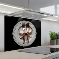 KitchenYeah Spatscherm 90x70 cm - Zelfklevende achterwand Rose - Strik - Bestek - Keuken muurbeschermer - Spatwand fornuis