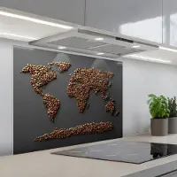 KitchenYeah Spatscherm 80x60 cm - Zelfklevende achterwand Wereldkaart - Koffie - Grijs - Keuken muurbeschermer - Spatwand fornuis