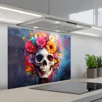 KitchenYeah Spatscherm 80x60 cm - Zelfklevende achterwand Schedel - Bloemen - Doodshoofd - Kleurrijk - Keuken muurbeschermer - Spatwand fornuis
