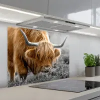 KitchenYeah Spatscherm 80x60 cm - Zelfklevende achterwand Schotse Hooglander - Dieren - Bruin - Koe - Zwart - Wit - Natuur - Keuken muurbeschermer - Spatwand fornuis