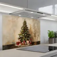 KitchenYeah Spatscherm 90x60 cm - Zelfklevende achterwand Kerstboom - Versierd - Kleurrijk - Keuken muurbeschermer - Spatwand fornuis