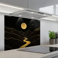 KitchenYeah Spatscherm 90x70 cm - Zelfklevende achterwand Rivier - Goud - Maan - Vogels - Keuken muurbeschermer - Spatwand fornuis