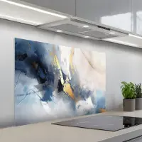 KitchenYeah Spatscherm 100x65 cm - Zelfklevende achterwand Blauw - Modern - Marmer print - Abstract - Goud - Keuken muurbeschermer - Spatwand fornuis