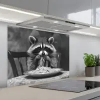 KitchenYeah Spatscherm 80x60 cm - Zelfklevende achterwand Wasbeer - Cute - Pasta - Tafelkleed - Zwart - Wit - Keuken muurbeschermer - Spatwand fornuis