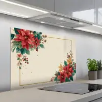 KitchenYeah Spatscherm 100x65 cm - Zelfklevende achterwand Kerst - Poinsettia - Omlijsting - Kleurrijk - Keuken muurbeschermer - Spatwand fornuis