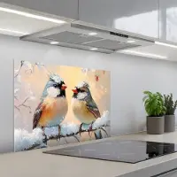 KitchenYeah Spatscherm 70x50 cm - Zelfklevende achterwand Vogels - Tak - Winter - Sneeuw - Keuken muurbeschermer - Spatwand fornuis