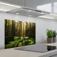 KitchenYeah Spatscherm 70x50 cm - Zelfklevende achterwand Bomen - Bos - Mos - Planten - Zon - Natuur - Keuken muurbeschermer - Spatwand fornuis