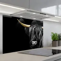 KitchenYeah Spatscherm 80x55 cm - Zelfklevende achterwand Schotse hooglander - Goud - Vacht - Dieren - Koe - Keuken muurbeschermer - Spatwand fornuis
