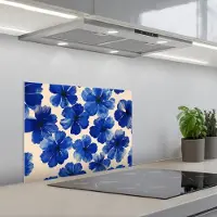KitchenYeah Spatscherm 60x45 cm - Zelfklevende achterwand Bloemen - Blauw -Patroon - Wit - Keuken muurbeschermer - Spatwand fornuis