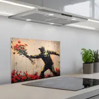 KitchenYeah Spatscherm 60x45 cm - Zelfklevende achterwand Street art - Man - Bloemen - Graffiti - Banksy Style - Keuken muurbeschermer - Spatwand fornuis