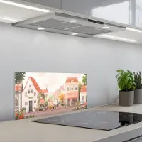 KitchenYeah Spatscherm 70x30 cm - Zelfklevende achterwand Bloemen - Huizen - Dorp - Keuken muurbeschermer - Spatwand fornuis