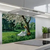 KitchenYeah Spatscherm 80x55 cm - Zelfklevende achterwand Vrouw - Boom - Boek - Mandje - Keuken muurbeschermer - Spatwand fornuis