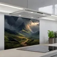 KitchenYeah Spatscherm 80x60 cm - Zelfklevende achterwand Bergen - Kronkelpad - Groen - Wolken - Keuken muurbeschermer - Spatwand fornuis